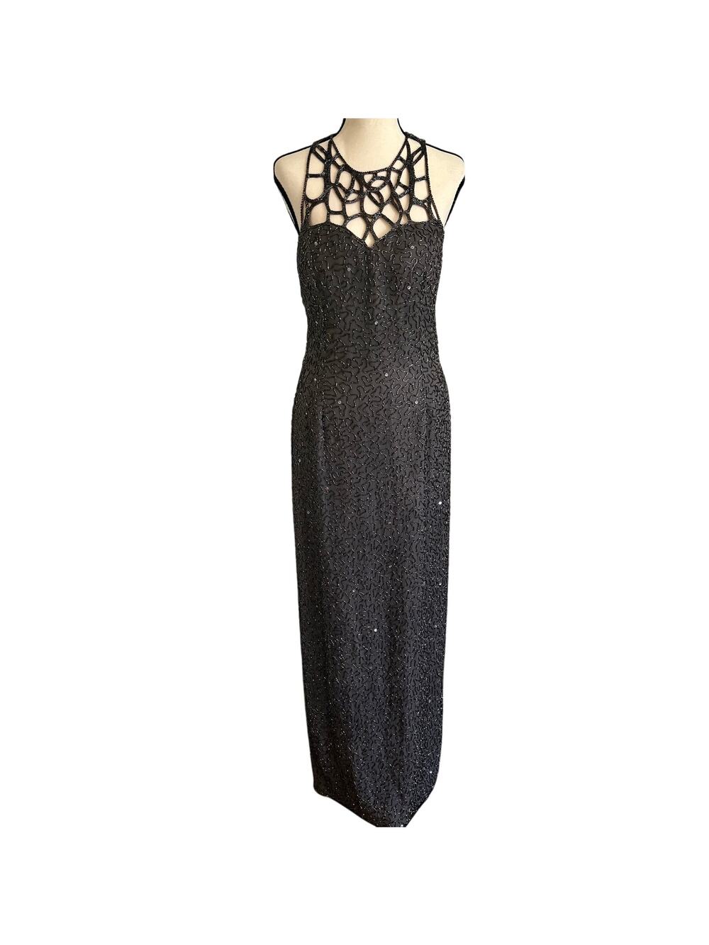 Vintage 90's SCALA 100% Silk Grey Beaded Spiderweb Bombshell Gown Goth Glam L